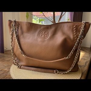 Tory Burch Leather Tote Shoulderbag Triple Compartment Tan Brown
